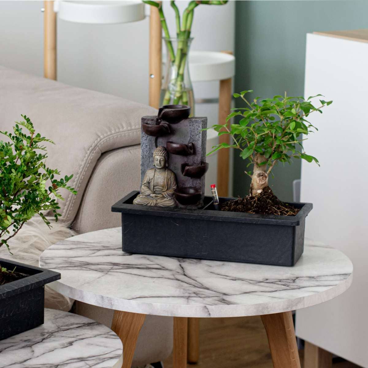 Oasis of Life - Wholesale Live Plant - Bonsai – Set of 2 Chinese bonsai trees – approx. 5 years old – with Easy Care System, water level indicator & Buddha decoration – Zen arrangement with waterfall – easy to care for & decorative – height 25–35cm – Ø29cm6