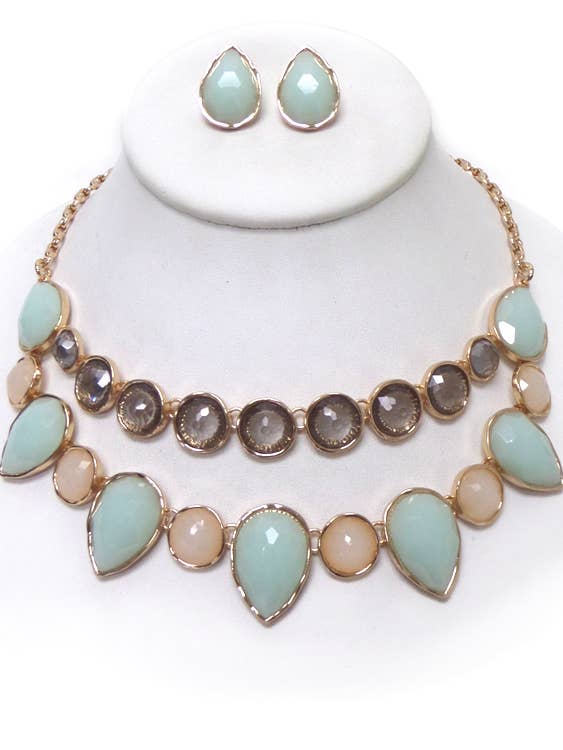 ( B668 ) TWO LAYER STONE DROP NECKLACE SET for wholesale by Jewelry Max