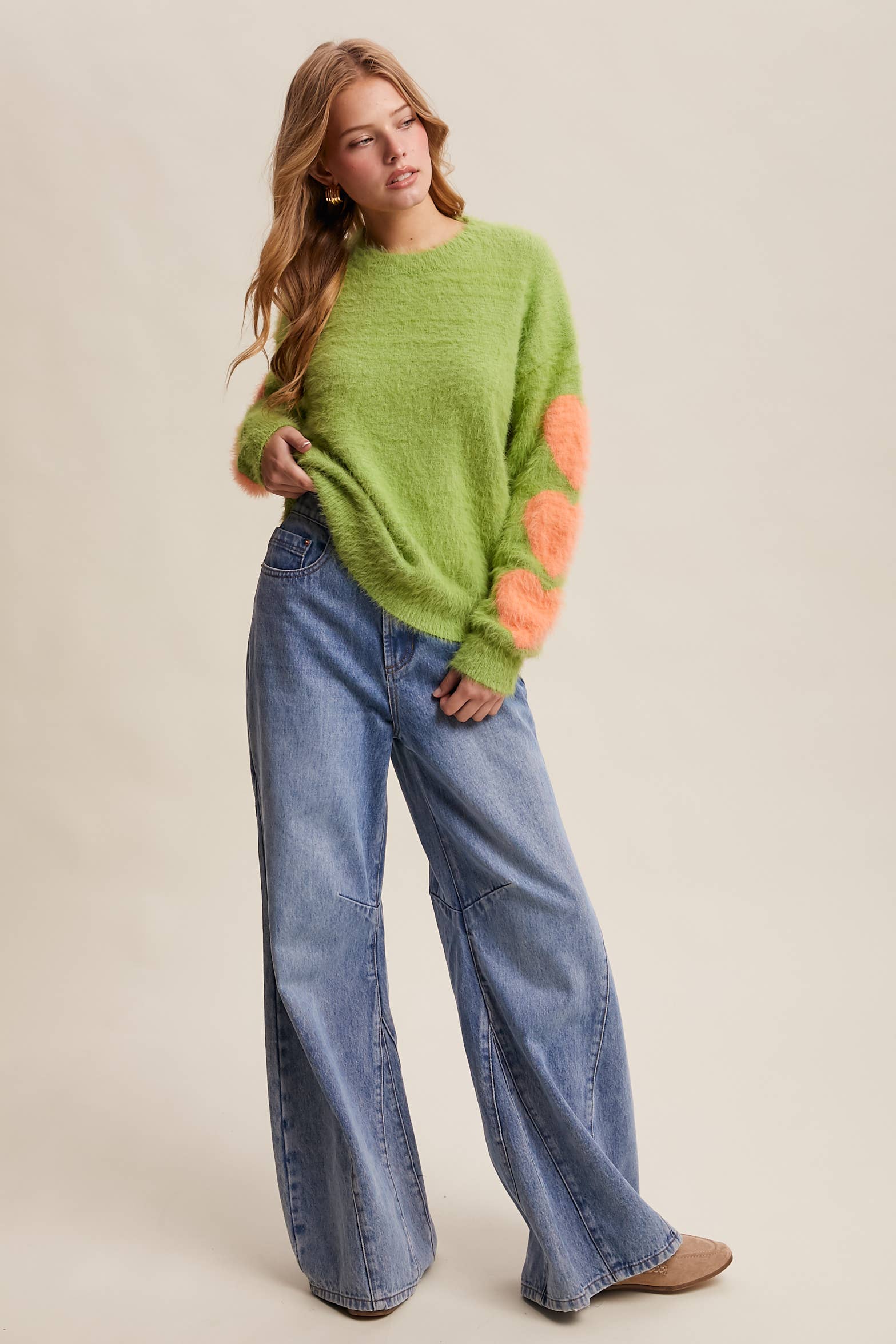 Listicle - Wholesale Knit Sweater - Women's - Fuzzy Heart-Sleeve Pullover Sweater LSW087211