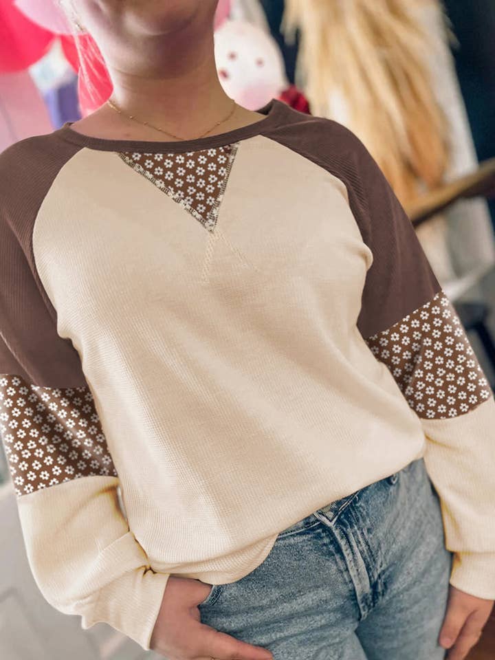 Brown Floral Print Patchwork Color Block Long Sleeve Top for wholesale by Lovesoft