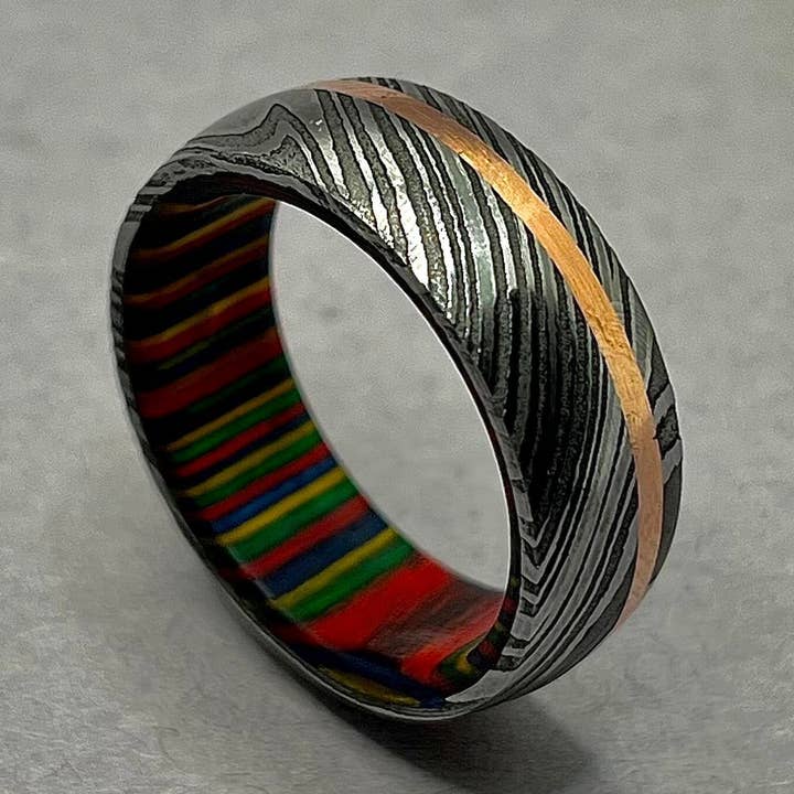 Mens Wedding Band Damascus Steel & Exotic Red Wood Sleeve Design, Mens Wedding Band, Anniversary Ring For Men, Mens Ring for wholesale by RustyStudioUSA