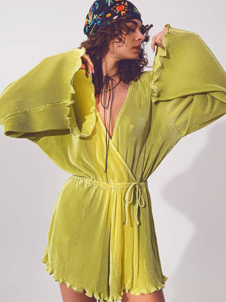 Satin Wrap Deatil Pleated Short Jumpsuit in Green for wholesale by Q2 All Orders Have To Pay Duties for The US & UK