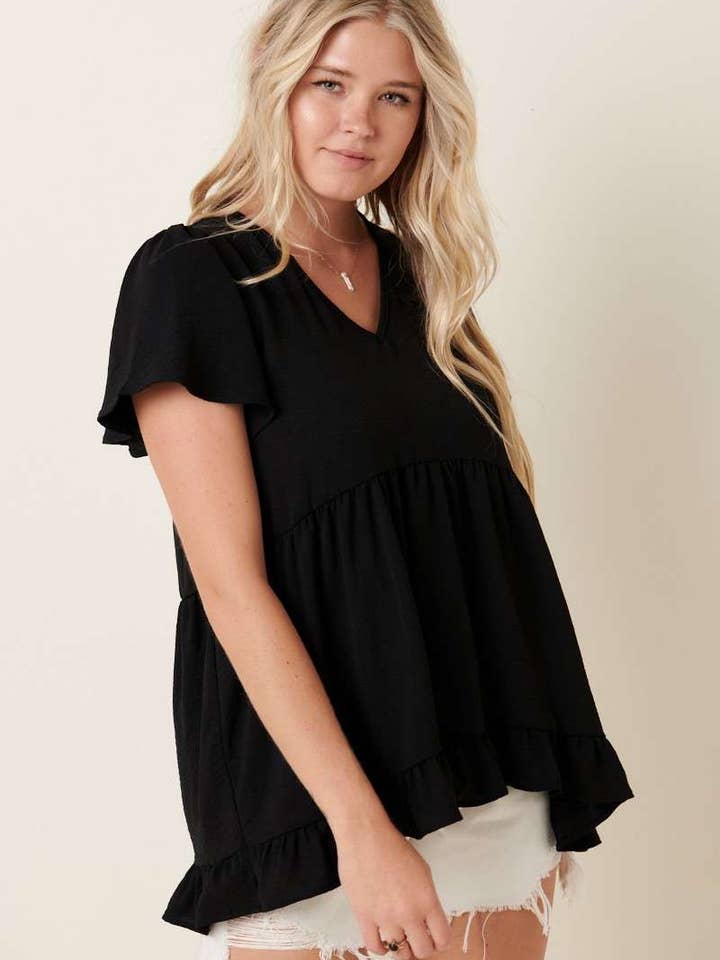 T10092- V NECK TIER RUFFLE SHORT SLEEVE BLOUSE for wholesale by mittoshop