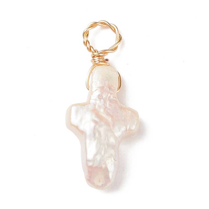 The Charm Bar Company - Wholesale Individual Charm/Pendant - Gold Keshi Pearl Cross Charm0