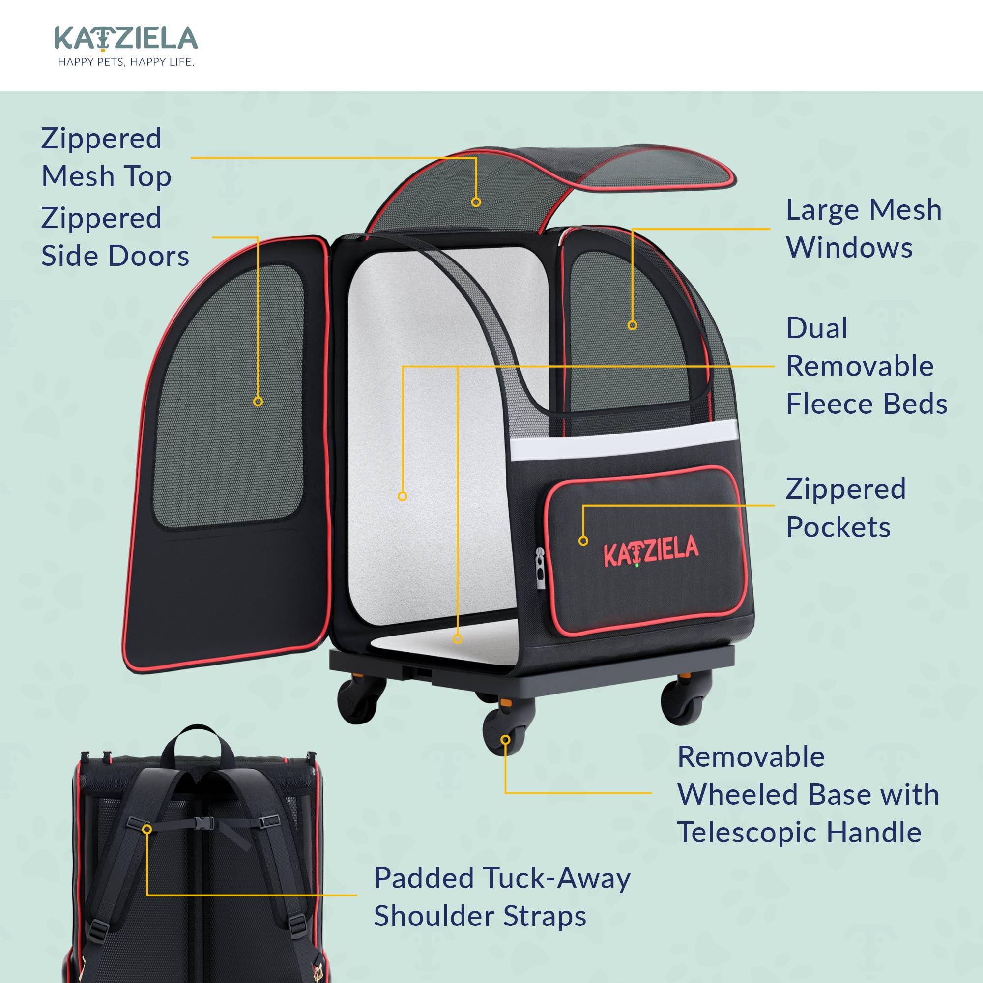 Katziela - Wholesale Pet Carrier - Cat/Dog - Hybrid Adventurer Pet Backpack With Wheels - Red4