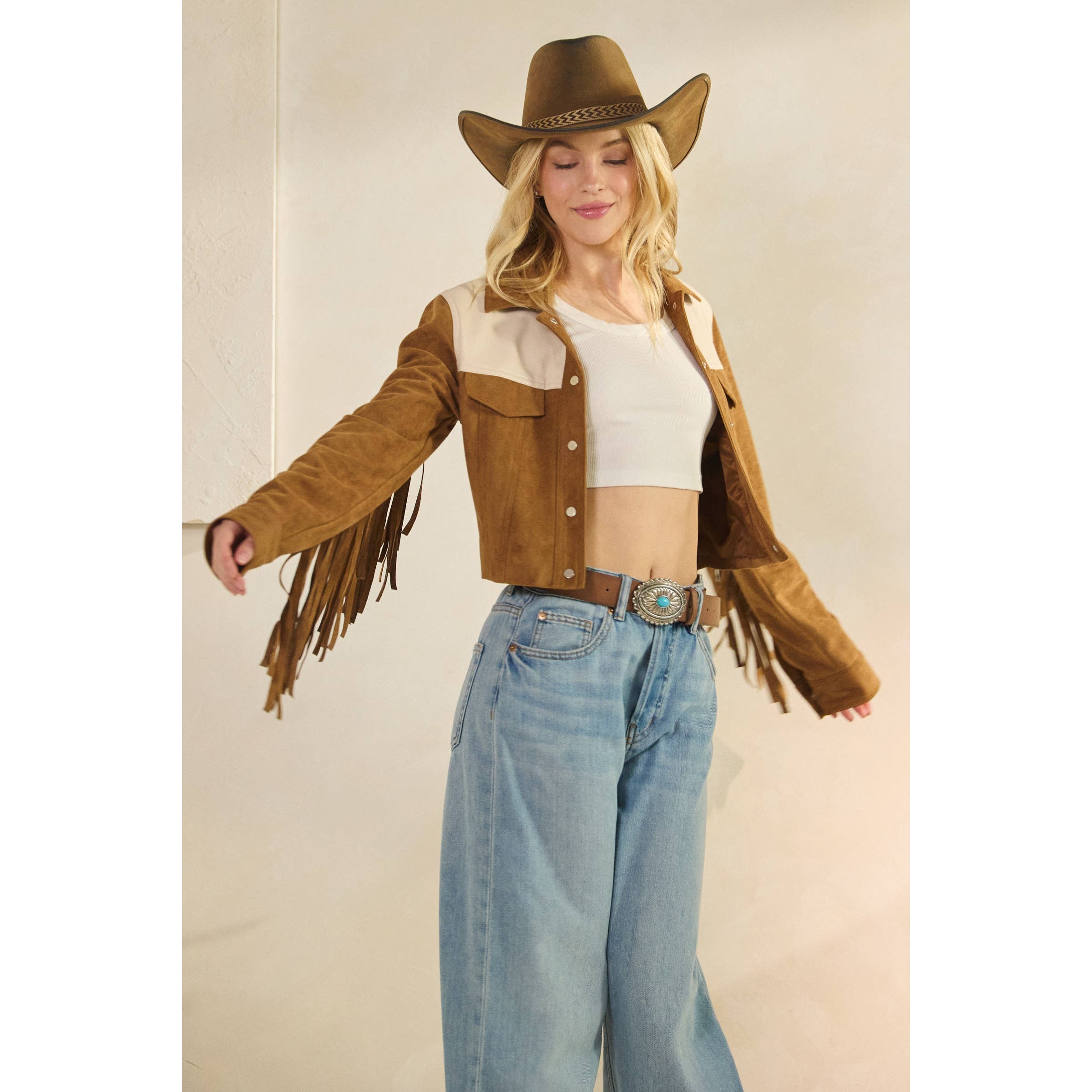 Camel Suede Jacket with Fringe Detail for wholesale on Faire12