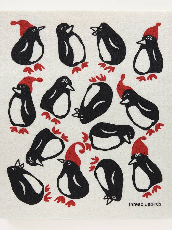 Merry Penguins Swedish Dishcloth for wholesale by Three Bluebirds Swedish Dishcloths