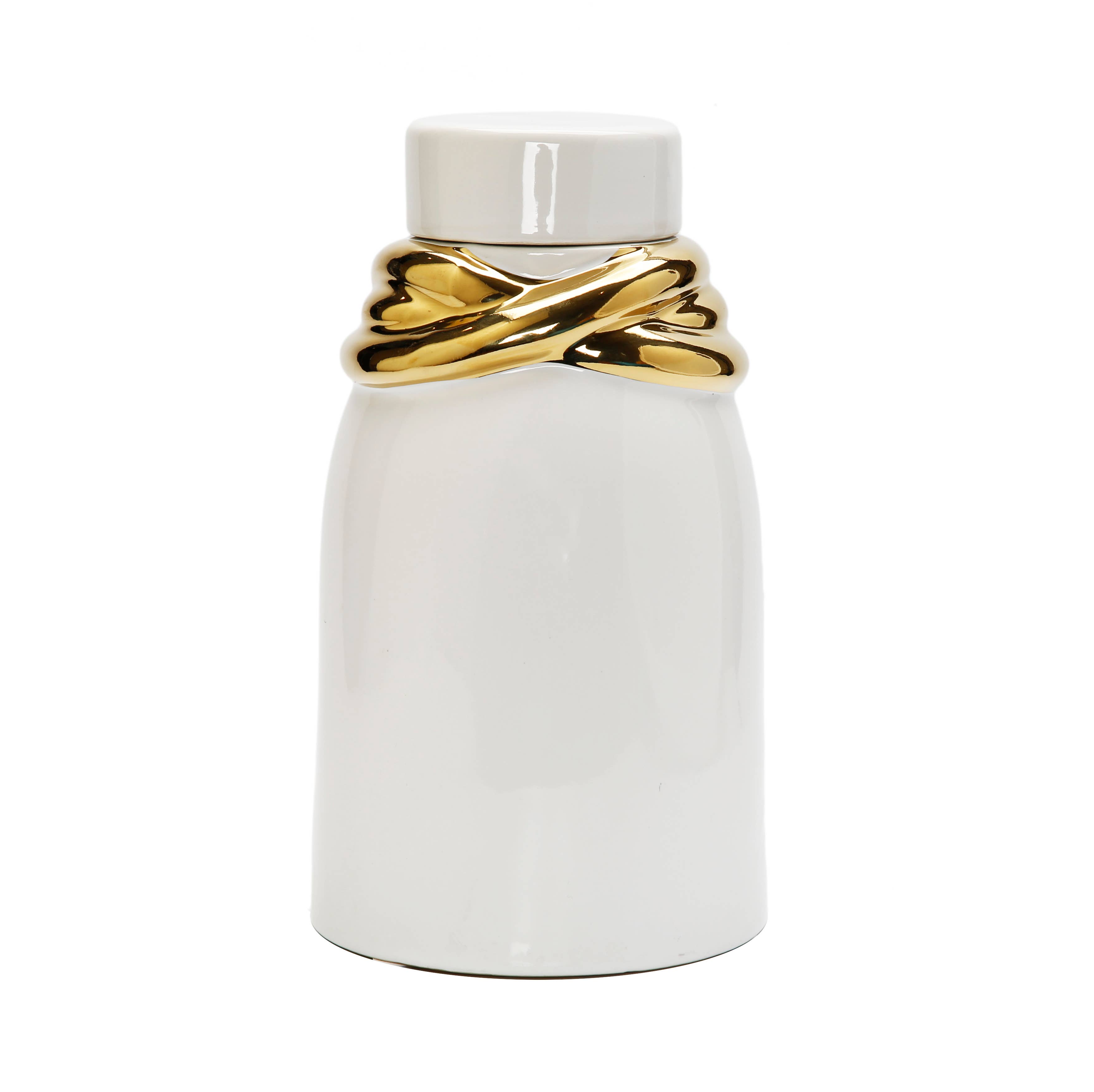 VIVIENCE - Wholesale Decorative Jar - White Ceramic Jar with Lid and Gold Details2