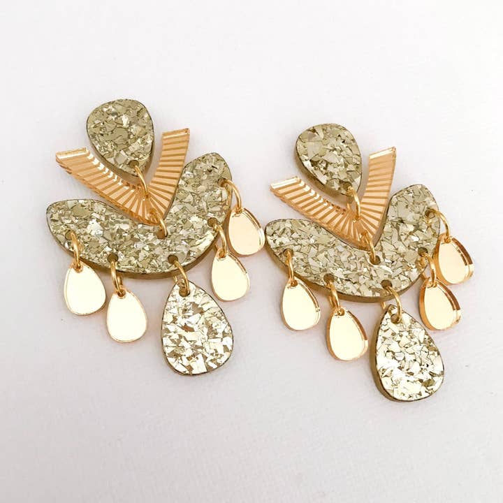 Golden Goddess Chandelier Dangles - Statement Acrylic Earrings for wholesale by Lacey Lou Sparkles