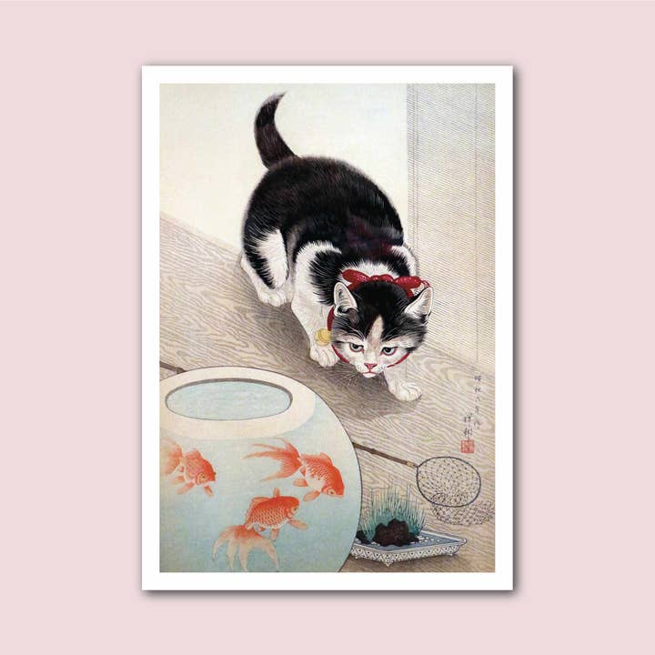 Cat and Goldfish Ohara Koson Vintage Japanese Print for wholesale by Holland Road Prints