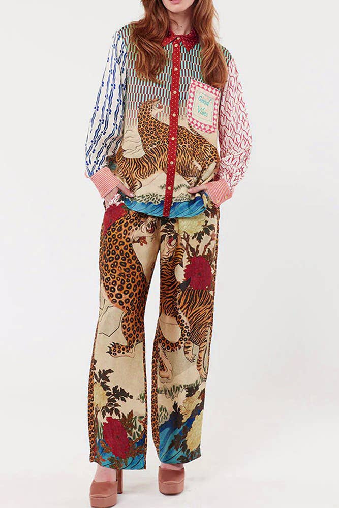 Marron Ensemble chemise et pantalon à imprimé léopard 2 pièces JRM087 en vente sur Faire