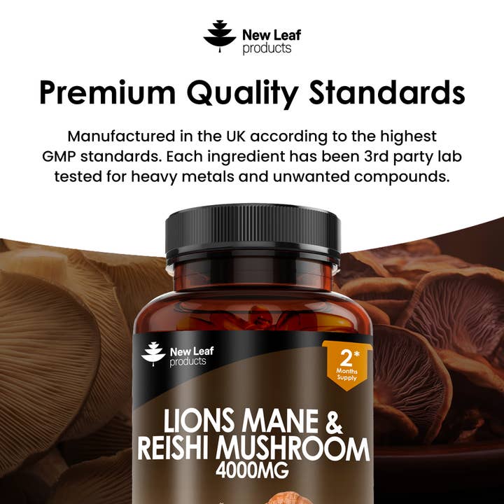 New Leaf products Ltd – wholesale Oral supplement/vitamin – Lions Mane & Reishi Mushroom Capsules 4000mg Vegan 120 fill4