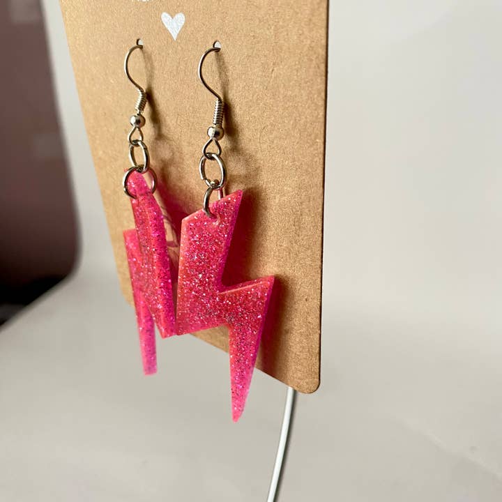 Pink Glitter Lightning Bolt Dangle Earrings for wholesale by GRL PWR Jewelry