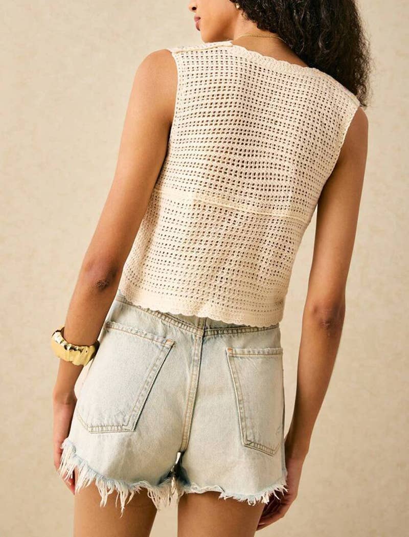 FLOWERY Crochet Pattern Sleeveless Button-Down Top for wholesale on Faire3