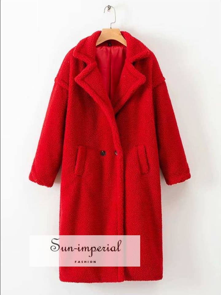 Sobretudo feminino vermelho inverno pele sintética quente maxi vintage longo por atacado de Sun Imperial