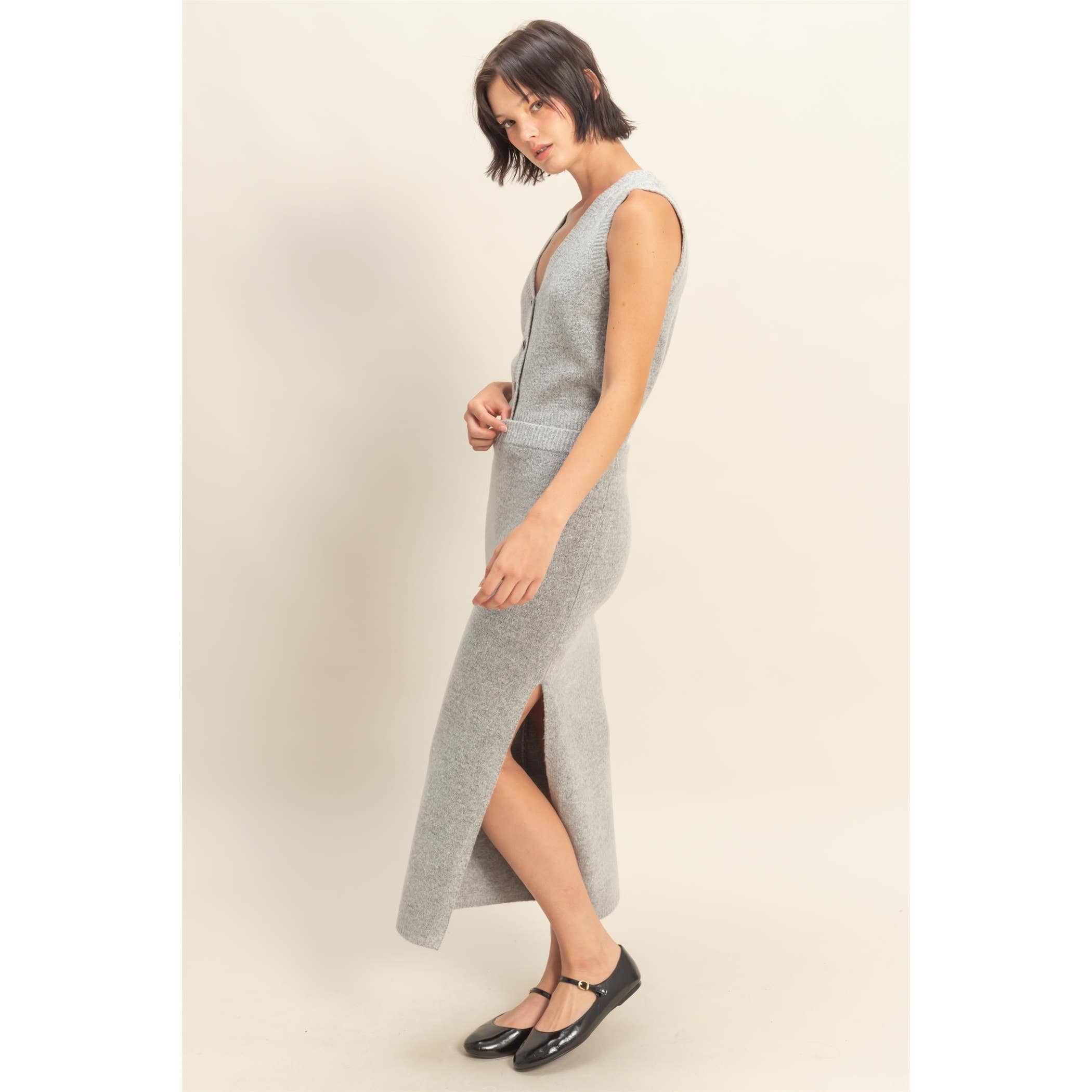 Double Zero - Wholesale Top & Skirt Set - Women's - Button Front Vest & Midi Skirt Knit Set22