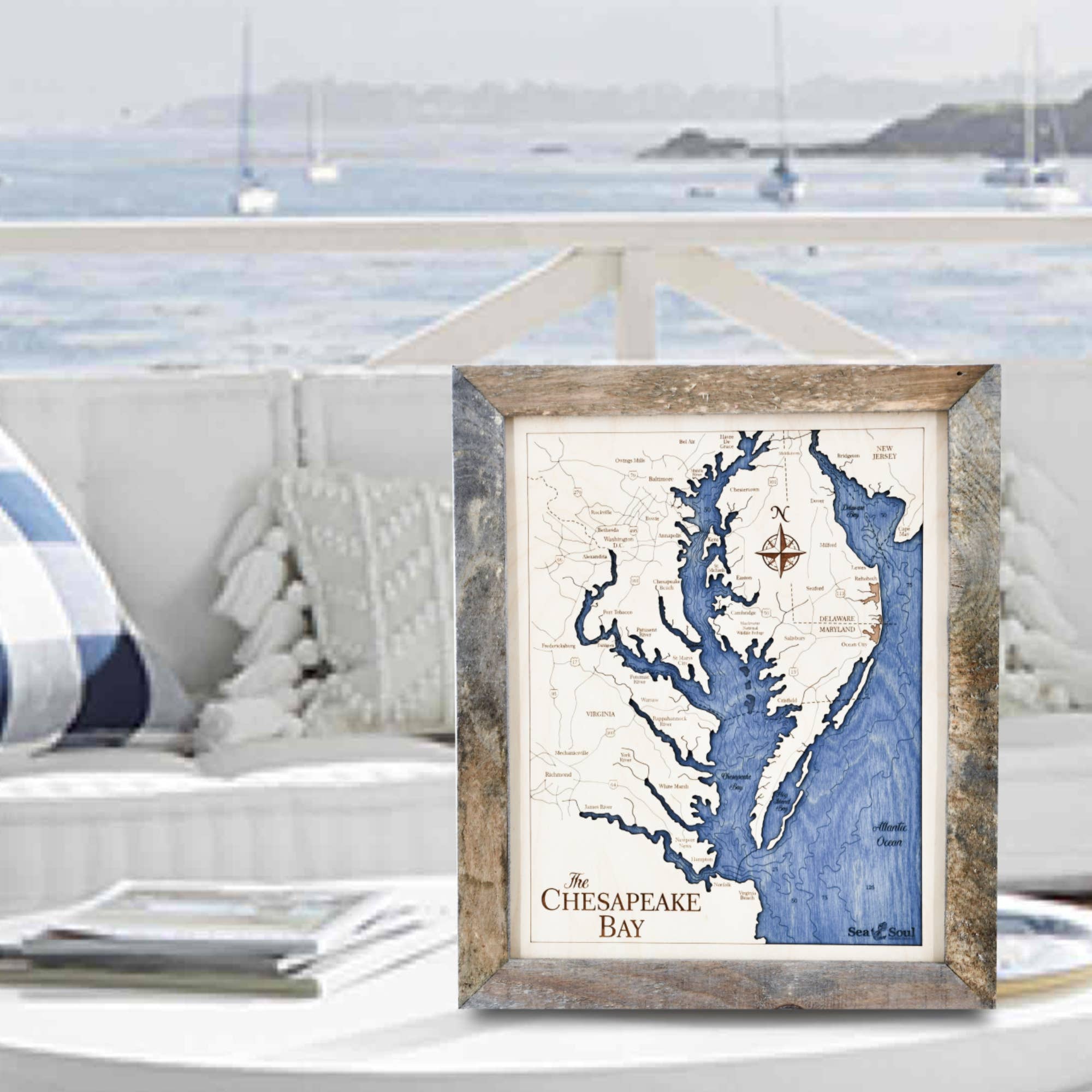 Sea & Soul Nautical Chart Art – wholesale Karta – Chesapeake Bay Topografiska nautisk 3D trä karta heminredning15
