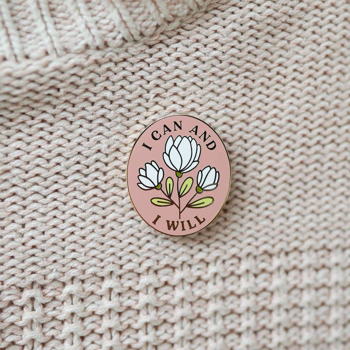 Little Woman Goods - Wholesale Lapel Pin/Button - I Can & I Will Enamel Pin- Empowering Pink Floral Feminist