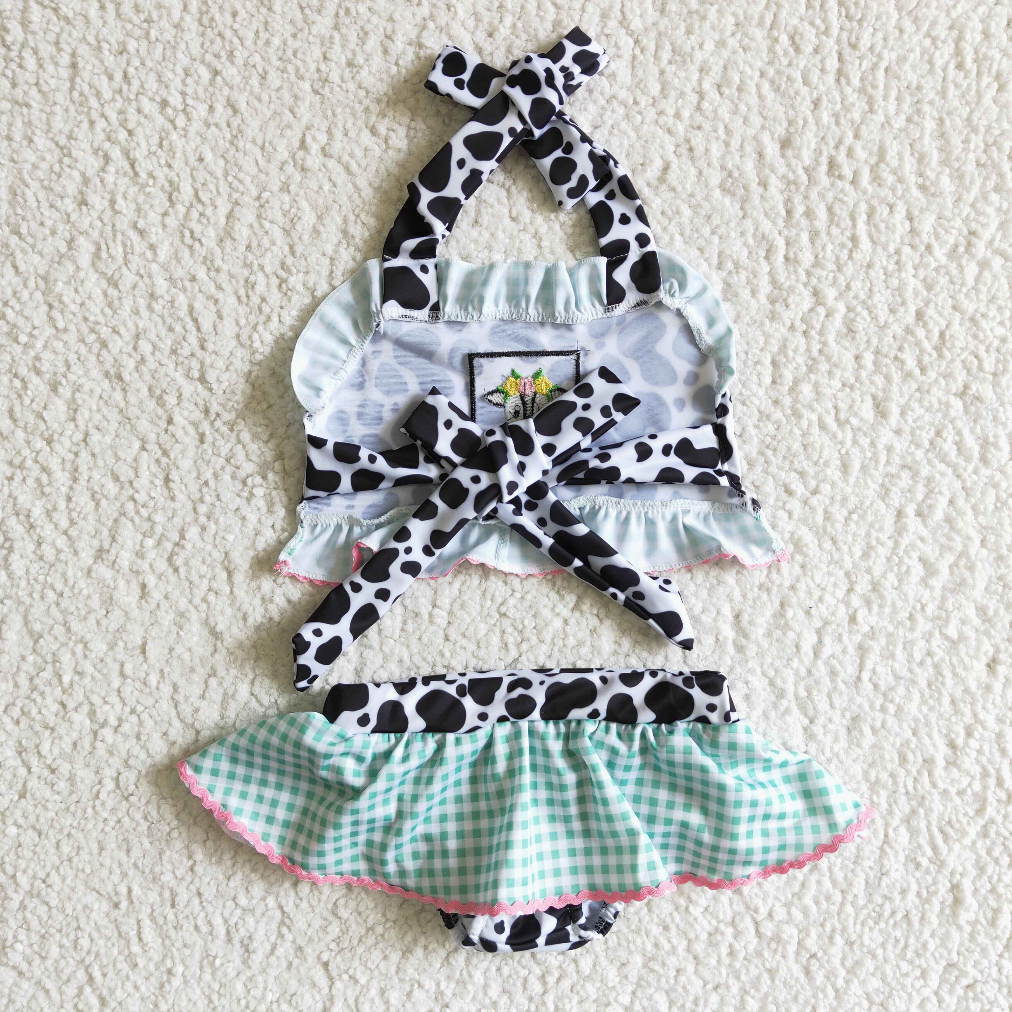 Yawoo Garments - Wholesale Two Piece Swimsuit - Kids - Cow embroidery plaid bath suit baby girls swimsuit1