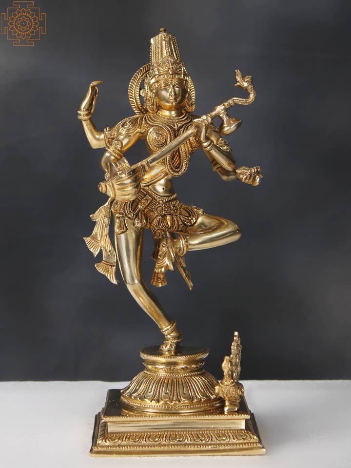 14" Brass Superfine Dancing Goddess Saraswati Sculpture for wholesale by Exotic India Art