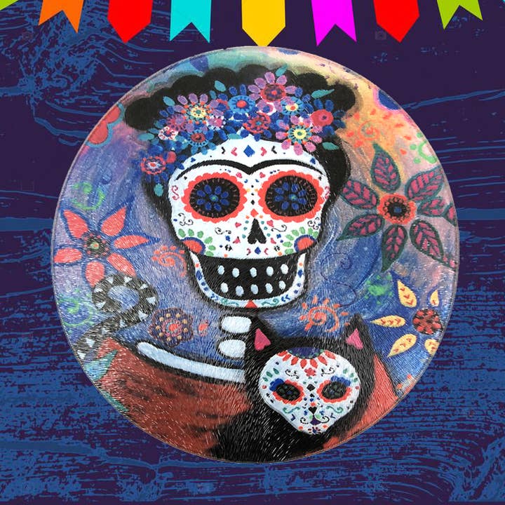 Frida Cat - 8" x 8" Tempered Glass Cutting Board for wholesale by GP Originals