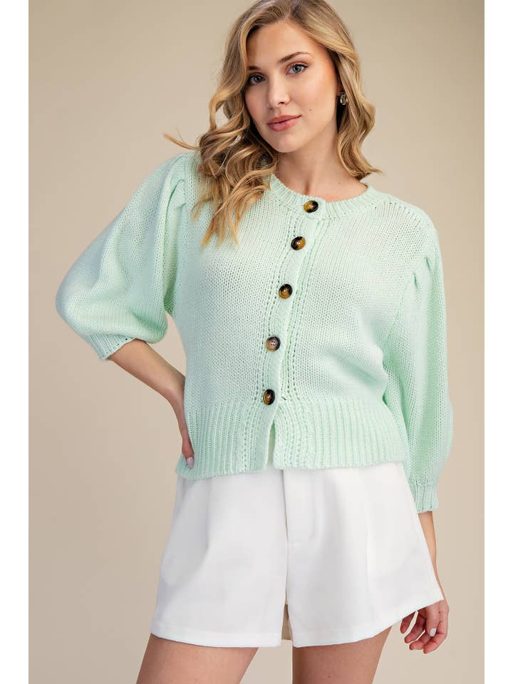 Glam - Wholesale Knit Sweater - Women's - Short Puff Sleeve Button Down Sweater - Reorder Friendly11