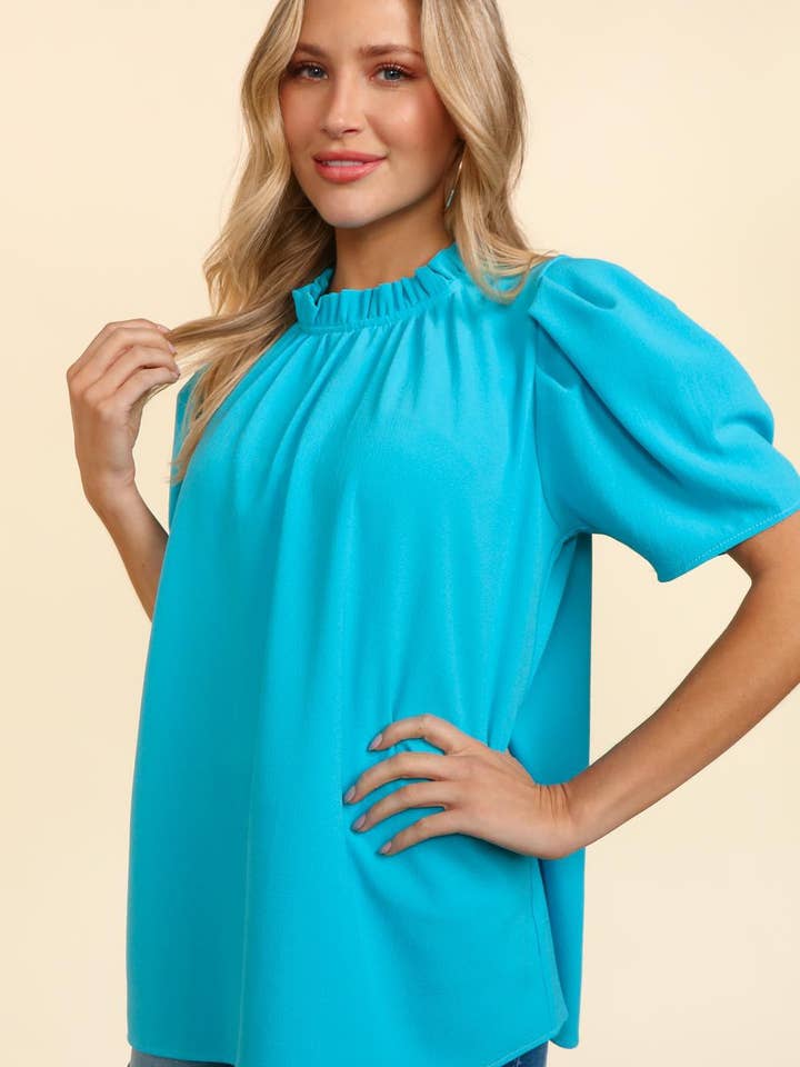 Promenade - Wholesale Blouse - Women's - Blue Pleated Woven Top with Back Neck Button