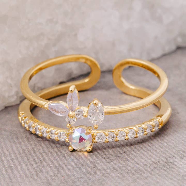 Goud Gedompelde Twee Rijen Cz Vlinder Ring voor wholesale door The Looks by Fame Accessories