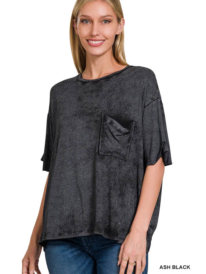 Vanilla Monkey - Wholesale Knit Top - Women's - Washed Ribbed Cuffed Short Sleeve Round Neck Top