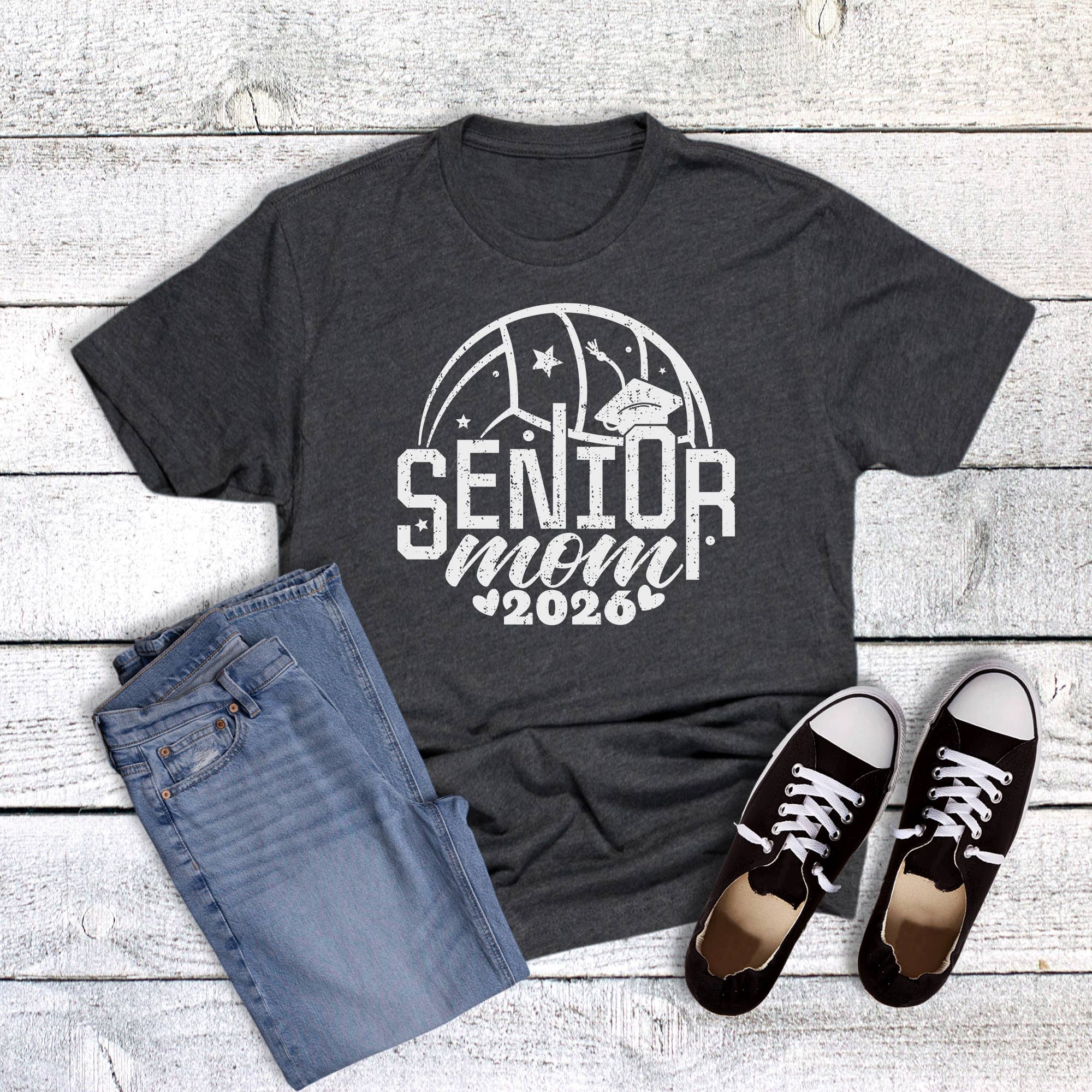Charcoal Senior Volleyball Mom 2026 Graphic Tee  for wholesale on Faire0