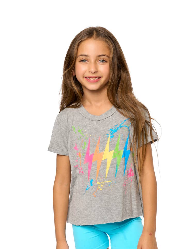 Malibu Sugar - Wholesale Shirt - Kids - Girls 8-14 SS Top w/ Lightning Bolt & Scatter Paint Screen
