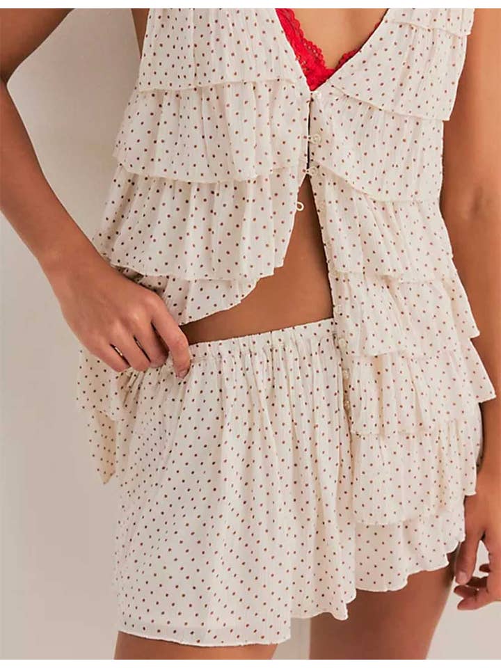 Sweetkama - Wholesale Top & Skirt Set - Women's - Ladies V-Neck Button Polka Dot Ruffle Top & Skort Set