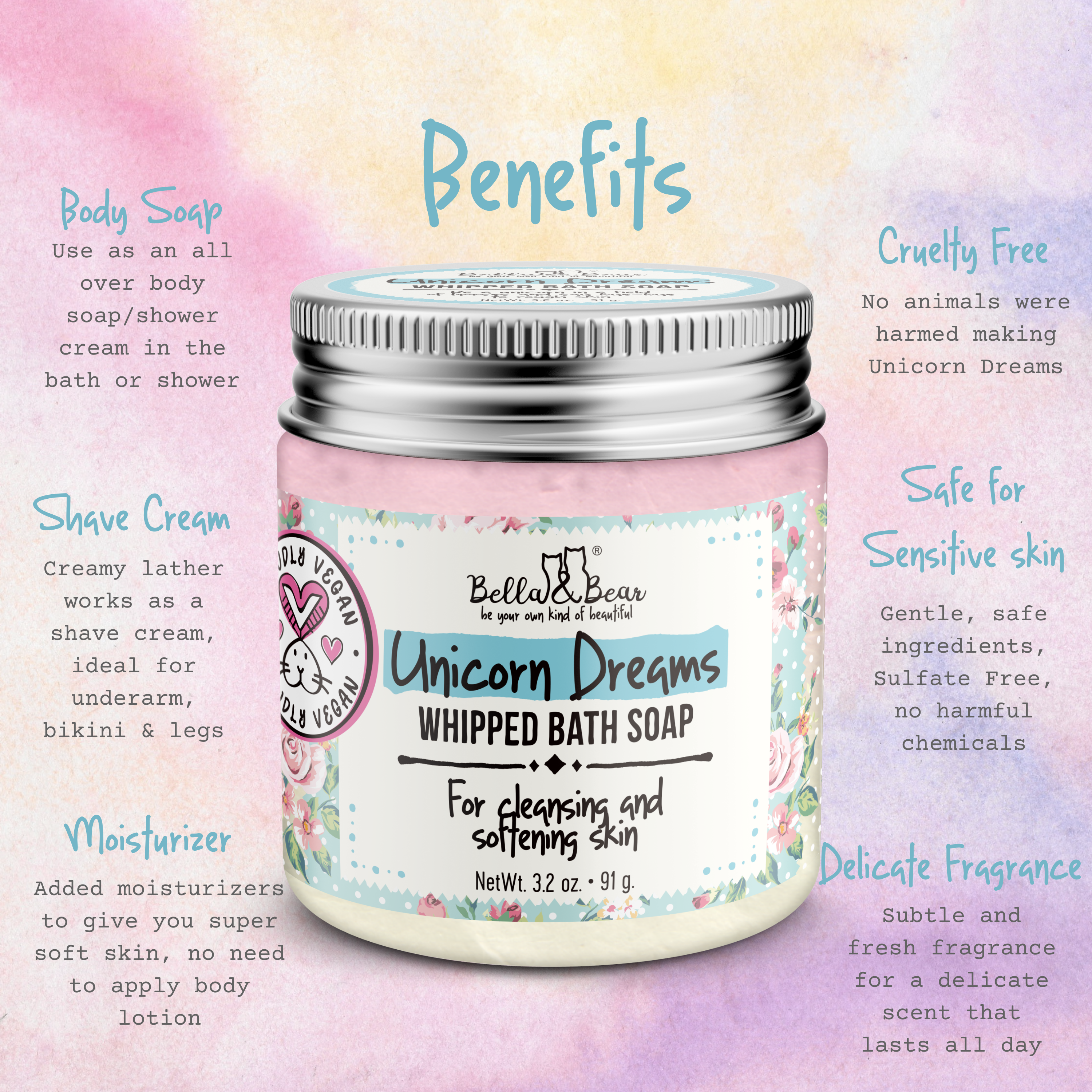 Bella & Bear - Vente Savons fouettés - Savon de bain fouetté Unicorn Dreams | Crème à raser mini 3,2 oz6