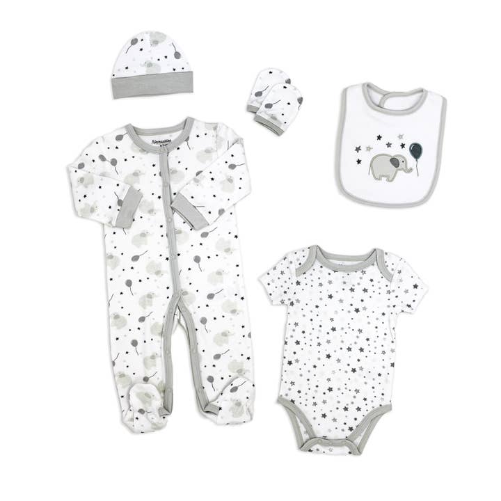 Rose Textiles - Wholesale Clothing Set - Baby - Grey Balloon Elephant 5-Piece Set