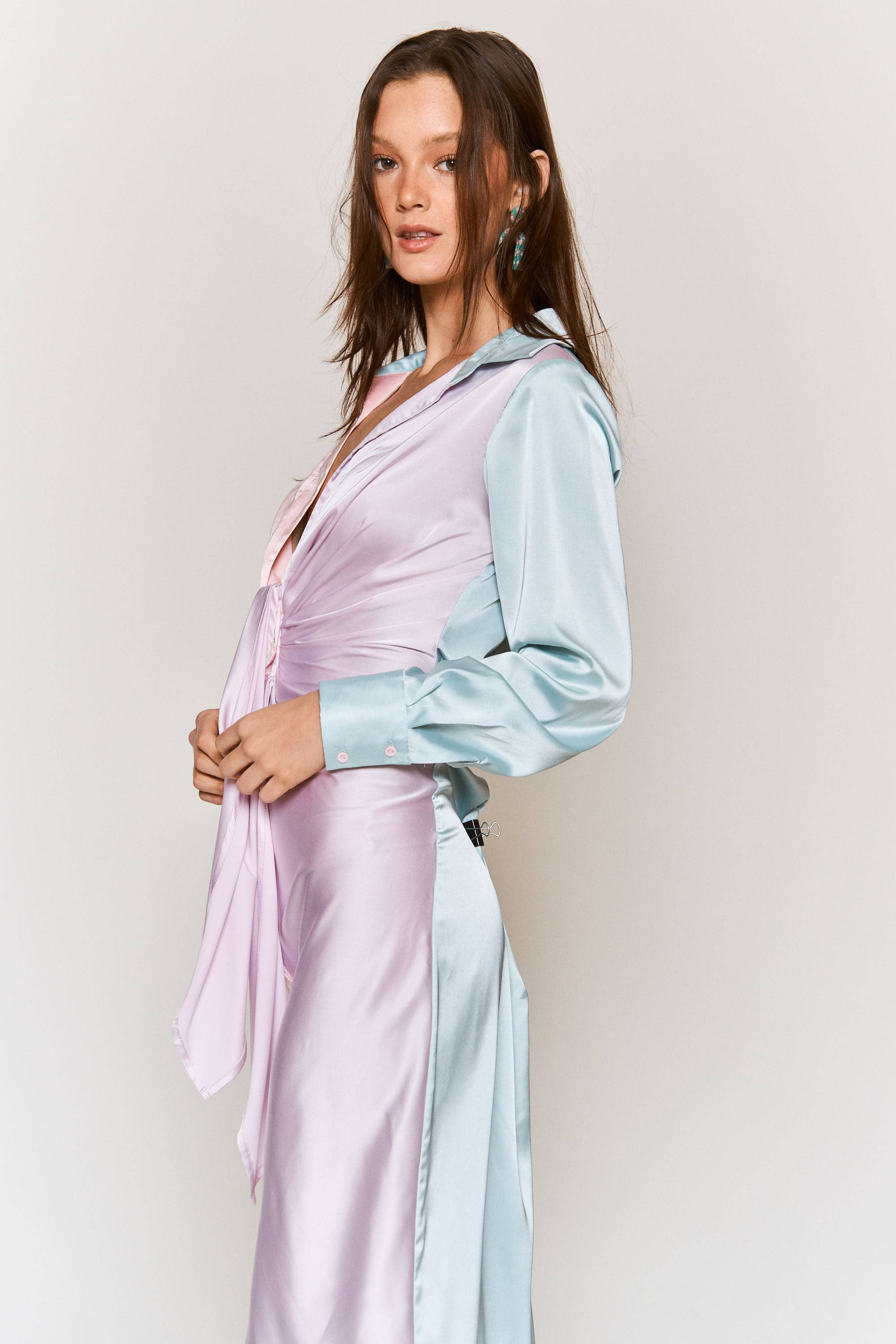 Hers & Mine - Wholesale Dress - Women's - Color Block Button Down Satin Midi Dress - Luxurious Feel17