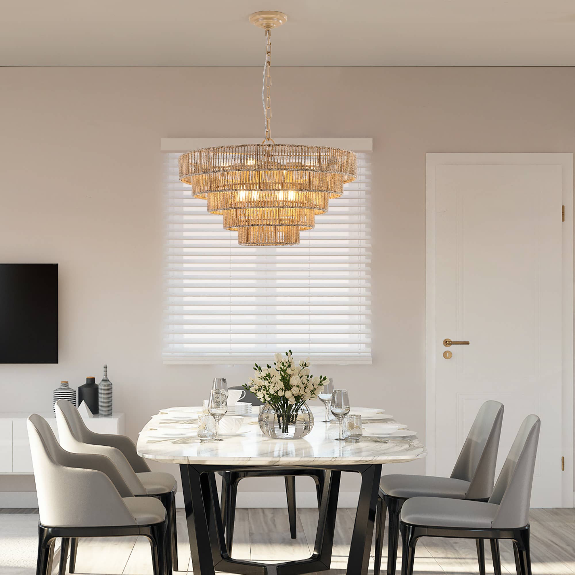 Wood Bohemian Woven 5-Tier Large Rattan Pendant Light for wholesale on Faire1