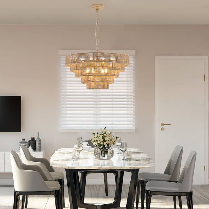 Wood Bohemian Woven 5-Tier Large Rattan Pendant Light for wholesale on Faire1