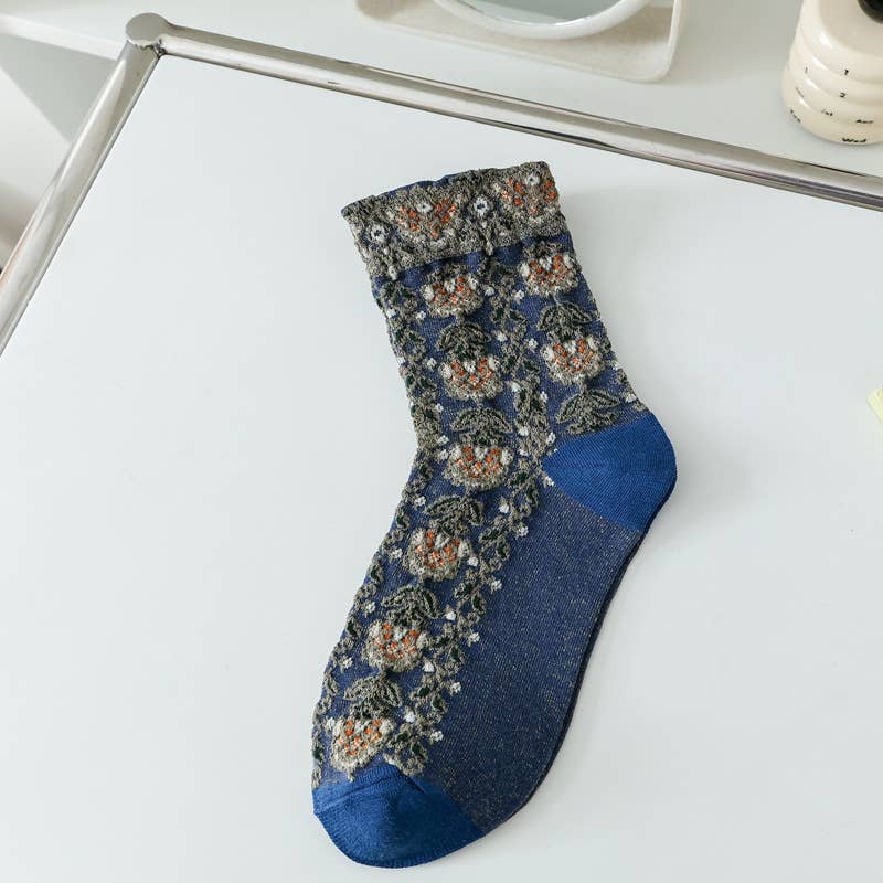 Tourtiwi - Vente Chaussettes – femme - Chaussettes à motif floral en relief abstrait rétro 3D3