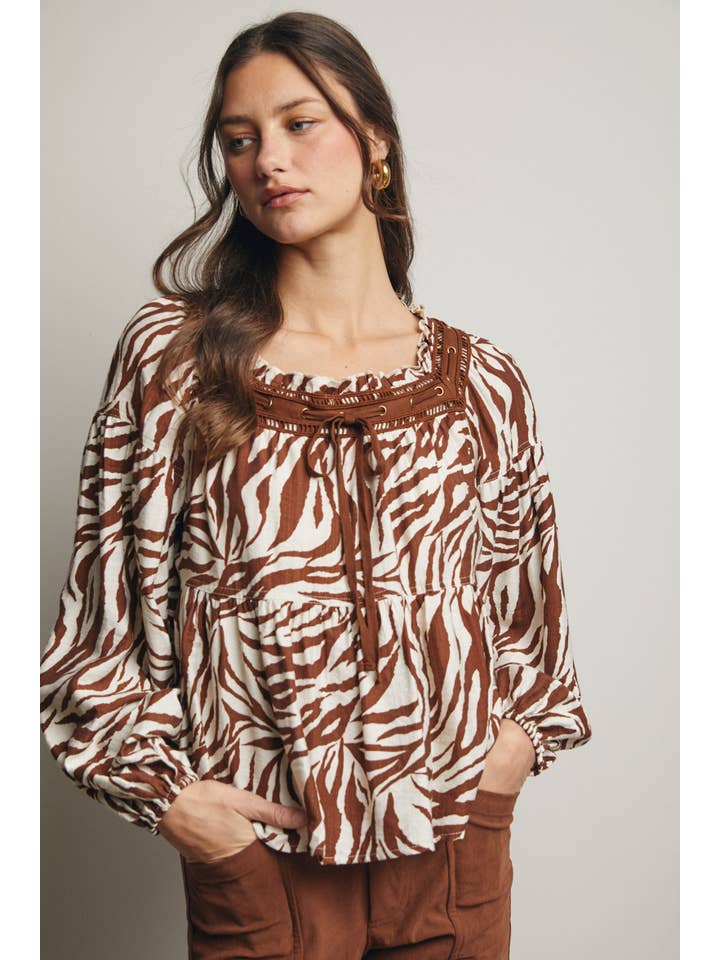Forte - Wholesale Blouse - Women's - Zebra Jacquard Blouse with Faux Leather Trim FT002316