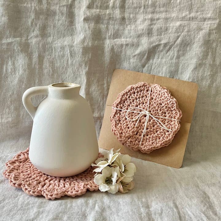 Blush Crochet Coasters for wholesale by Artwork by Sandra Naufal