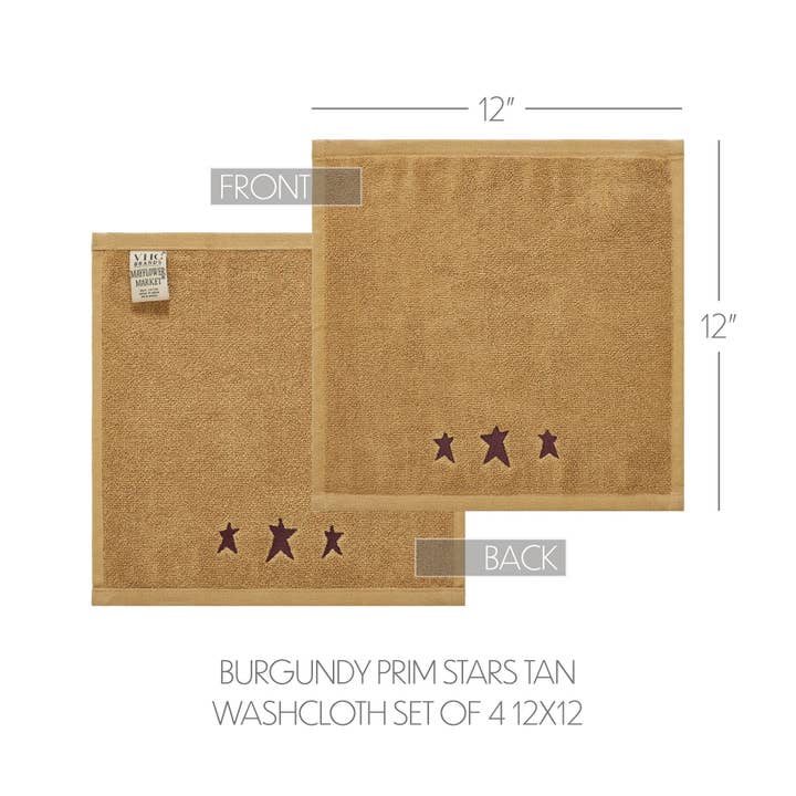 VHC Brands - Wholesale Wash Cloth - Burgundy Prim Stars Tan Washcloth Set of 4 12x123
