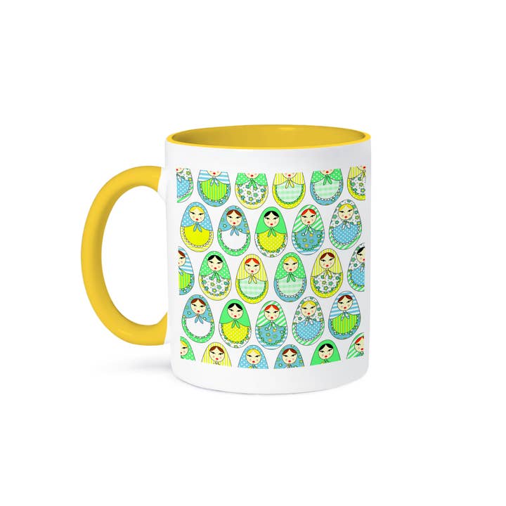 3dRose - Wholesale Coffee Mug - 3dRose, Cute Russian Matryoshka Nesting Dolls Print - Cool Colors White, Mug