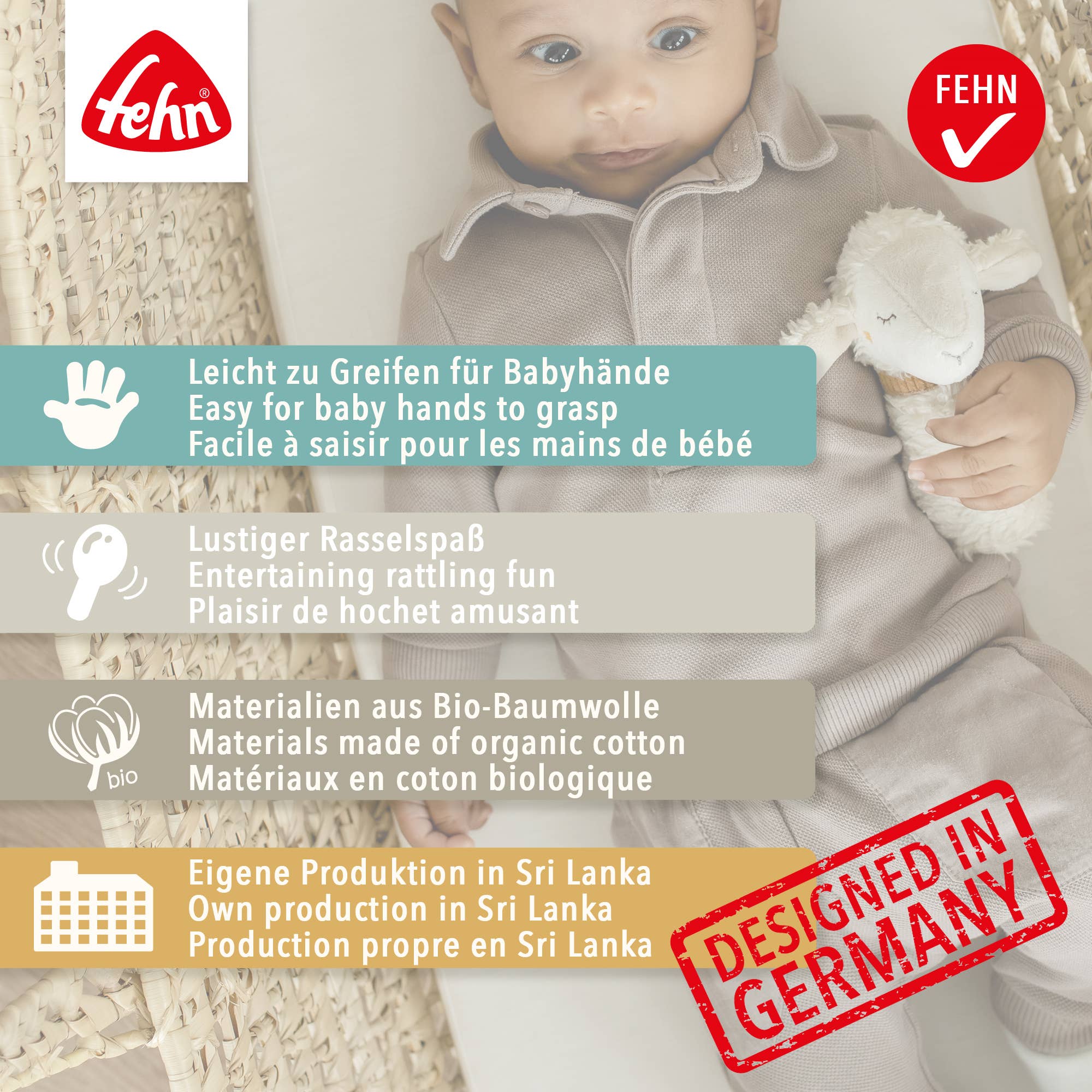 Fehn - Wholesale Sensory Ball - Baby - Fabric Ball Dog NATURE - Gripping Play Ball with Rattle5