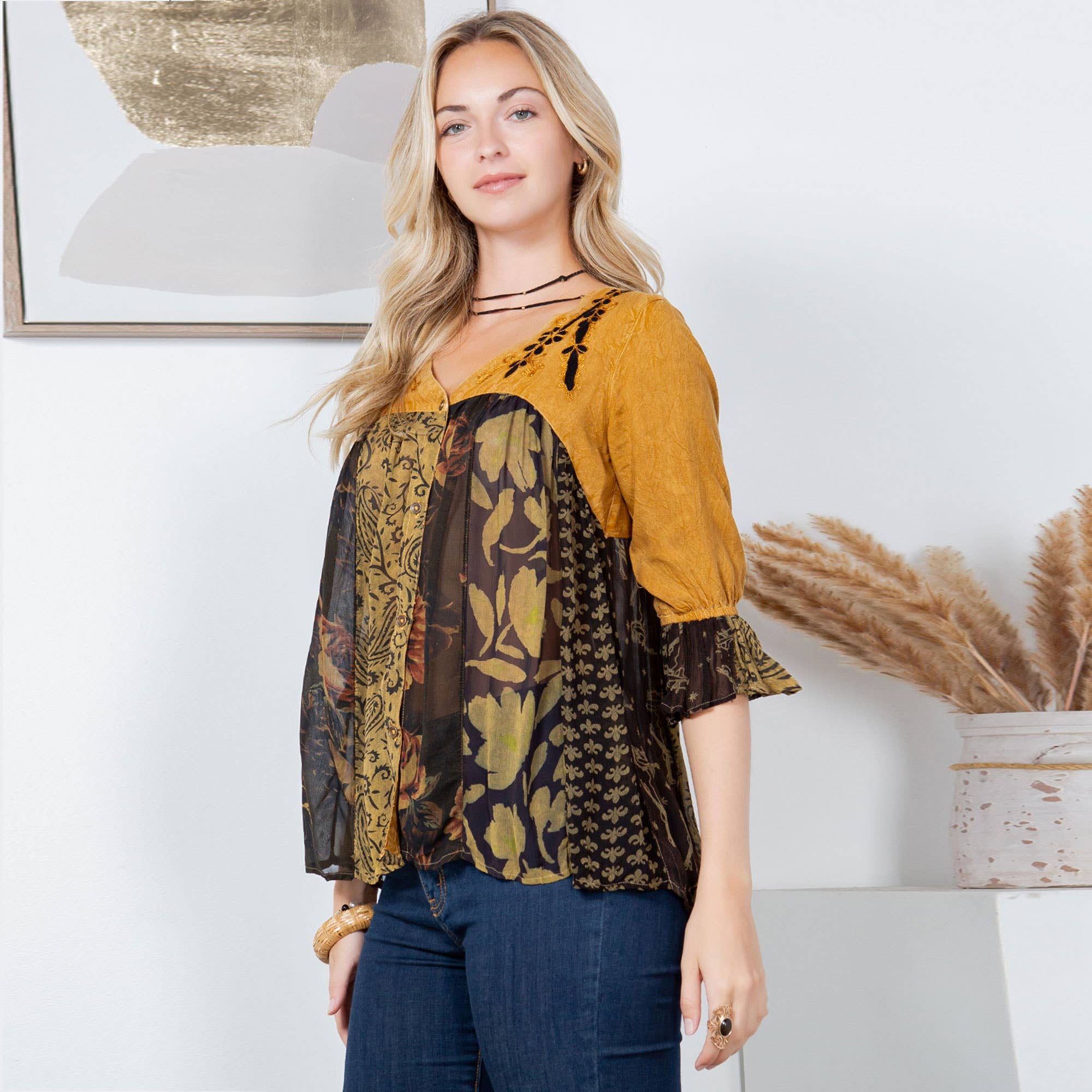Young Threads - Wholesale Button Down Shirt - Women's - Boho Delight: Overdyed Rayon V-Neck Top2