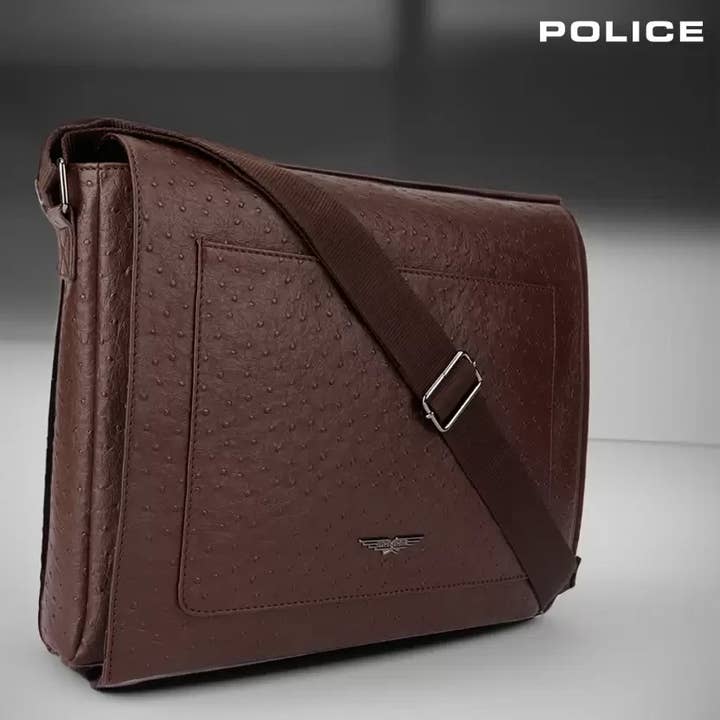 TWRC INC - Wholesale Messenger Bag - Unisex - POLICE Ostrich Polo Vegan Leather Messenger Bag- Brown