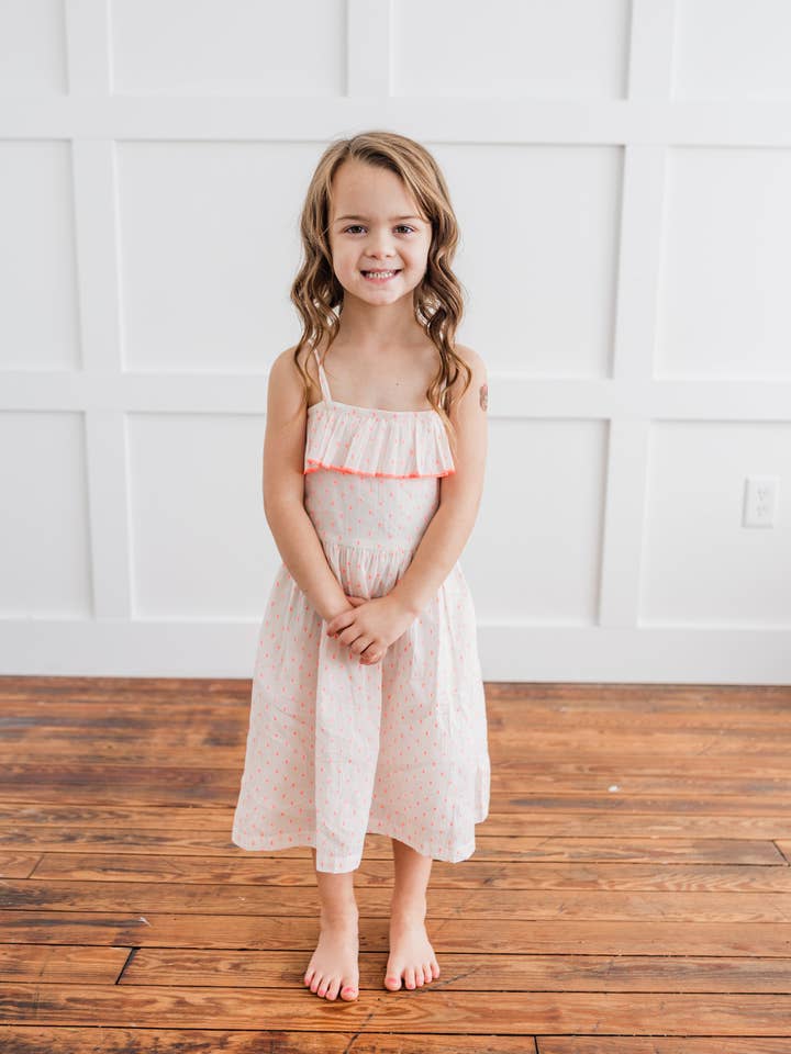 Neon Pink Cotton Dobby Yoke Ruffle Gathered Dress for wholesale by Yo Baby