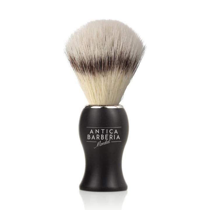 Panther Black Brushed Aluminum Lathering Brush with Synthetic Badger for wholesale by Antica Barberia Mondial