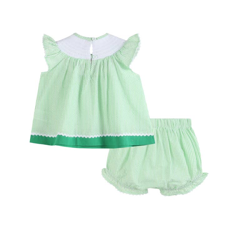 Lil Cactus - Wholesale Clothing Set - Baby - Green & White Stripe Watermelon Smocked Angel-Sleeve Dress & Bloomers