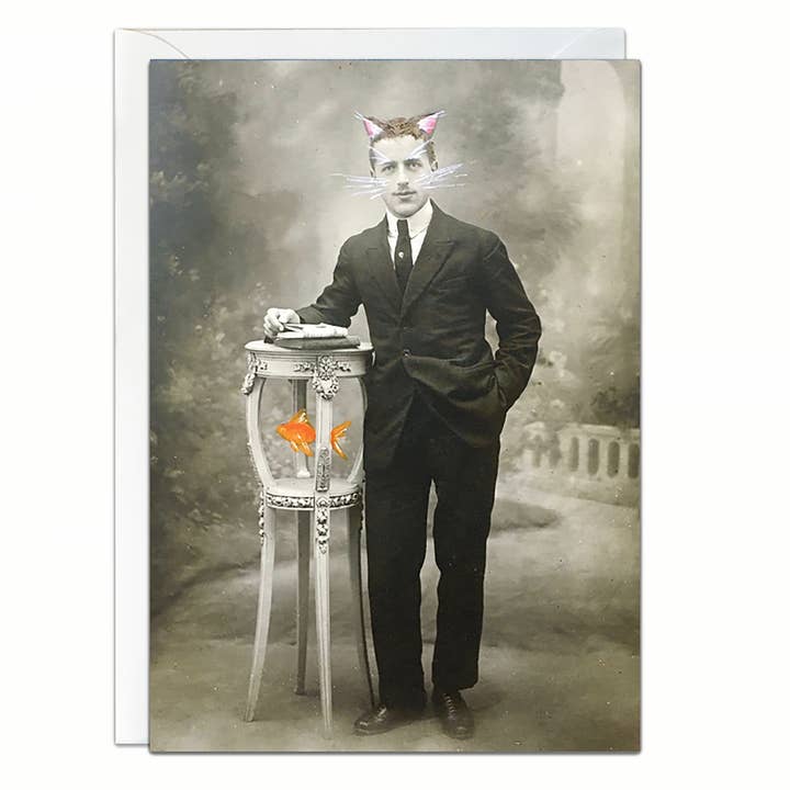 Funny Cat and Fish Altered Photo Greeting Card for wholesale by Ain't That a Kick in the Head