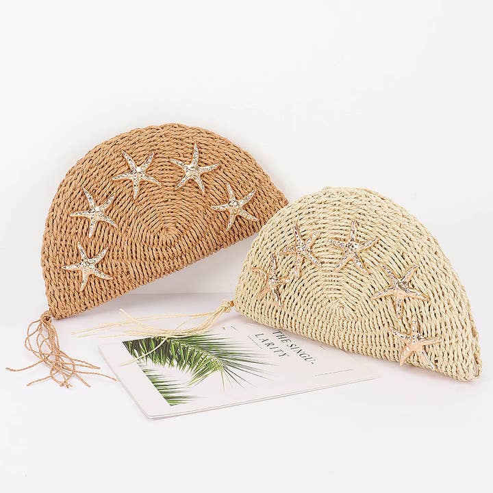 Cartera de Media Luna de Paja Sintética con Adornos de Estrella de Mar para venta al por mayor de 3AM BY H&D ACCESSORIES